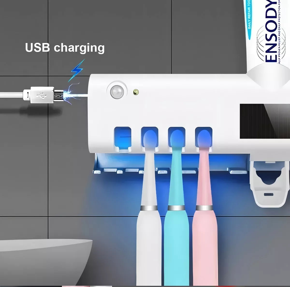 Esterilización UV + Dispensador de Crema Dental + Porta Cepillos