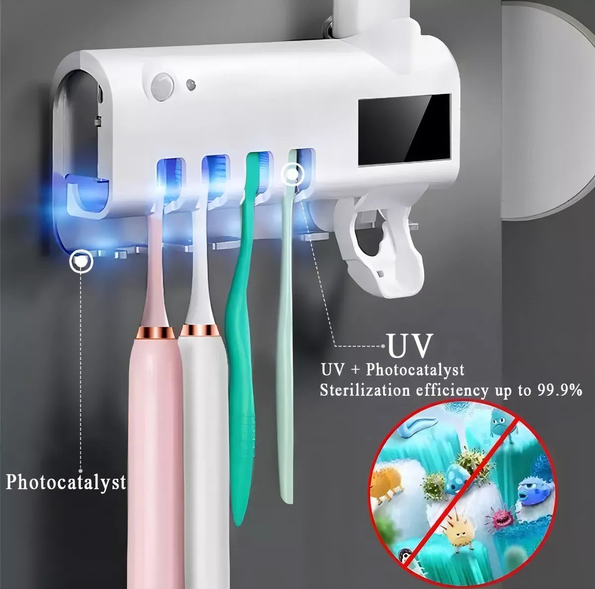 Esterilización UV + Dispensador de Crema Dental + Porta Cepillos